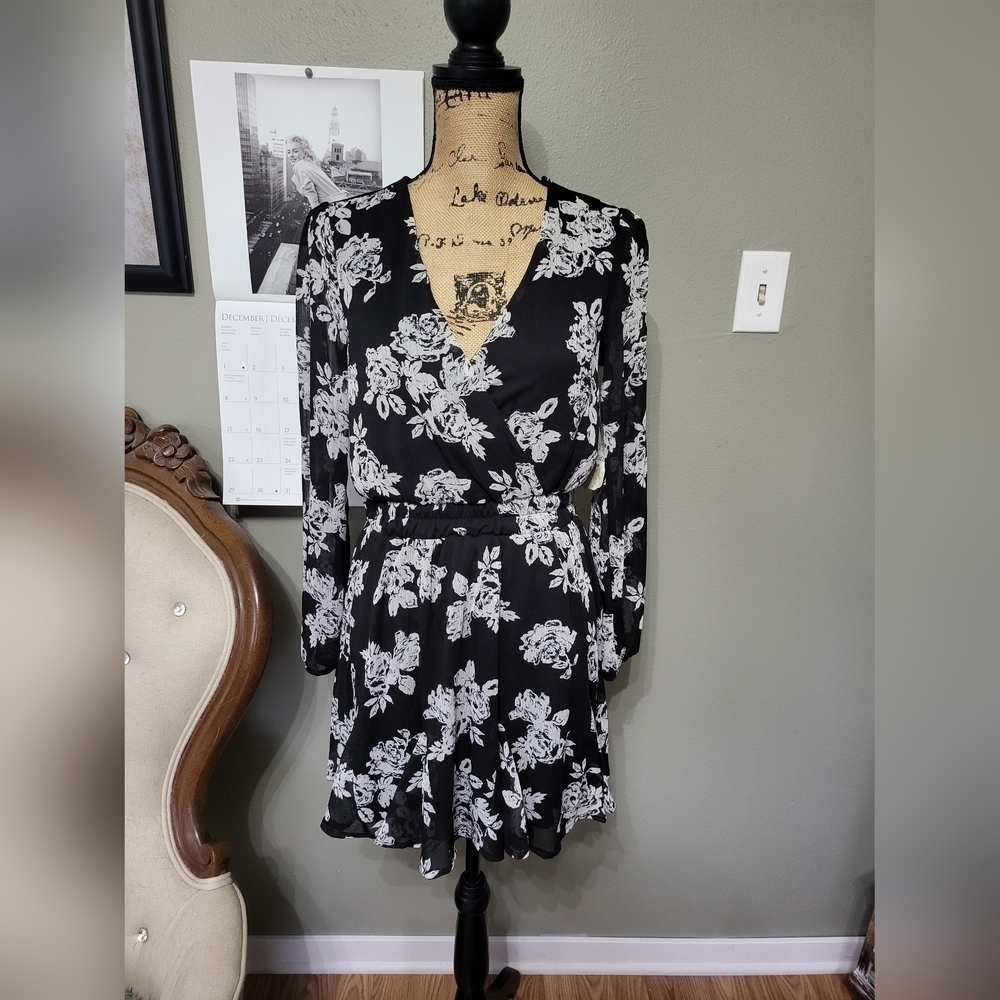 Altar'd State Surplice Black and White Floral Dress NWT M